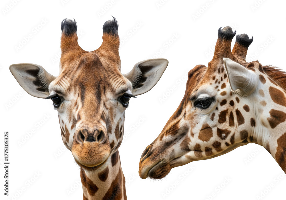 Fototapeta premium Two giraffe heads close up portrait, wildlife mammal animal, safari zoo, african fauna, giraffidae, tallest, herbivore, isolated on transparent background