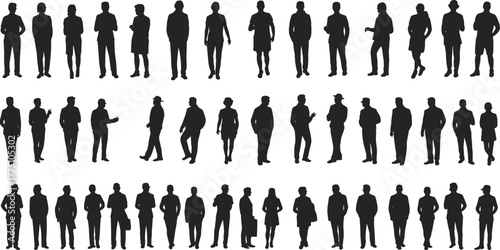 Large collection of standing people silhouettes, men and women, casual and professional poses, diverse human figures, vector illustration