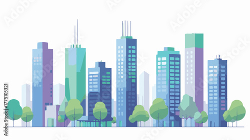 A clean flat vector illustration showcasing a minimal geometric cityscape with modern commercial buildings and skyscrapers. The composition features simple office towers, trees.