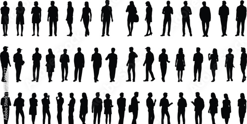 Large collection of standing people silhouettes, men and women, casual and professional poses, diverse human figures, vector illustration