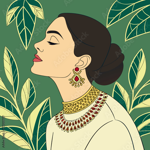 Digitally illustrated woman in traditional Indian attire with red jewelry