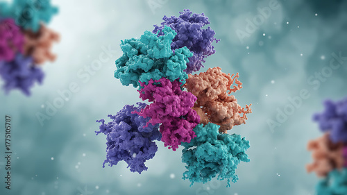 Abstract 3d render of colorful protein molecules in a blurred background
