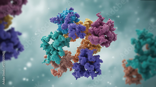 Complex protein molecule structure with colorful subunits