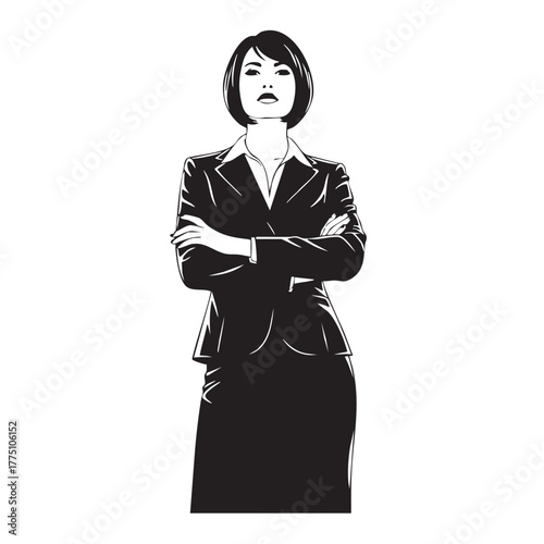 Full-Length Confident Businesswoman with Crossed Arms Professional Female Executive Black and White Vector Illustration Powerful Stance