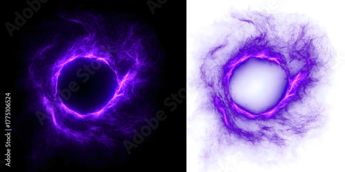 Dynamic pair of glowing purple energy portals or magical effects, one intensely bright on a black background and the other a smoky aura on white, perfect for fantasy, sci-fi, or digital game designs