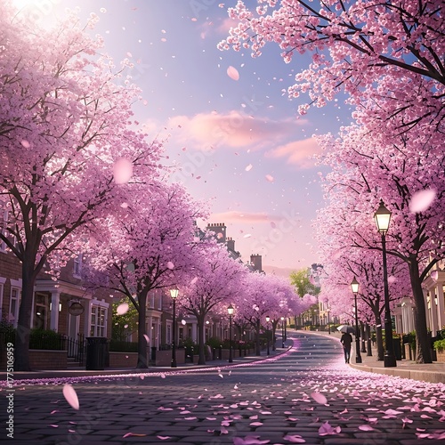 Dreamy Spring Scene with Falling Sakura Petals on a Cobblestone Road.