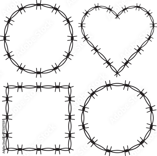 Collection of barbed wire vector frames featuring circular heart and square shapes isolated on black