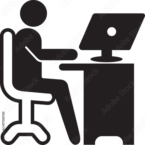Working at office Desk on computer. Black and White vector Icon.