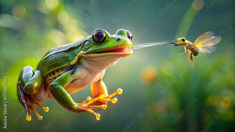 Naklejka premium A Vibrant Green Frog Captures a Tiny Flying Insect Mid-Air with Its Long Sticky Tongue in a Lush Natural Habitat
