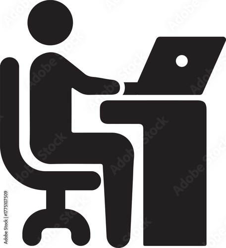 Working at office Desk on computer. Black and White vector Icon.