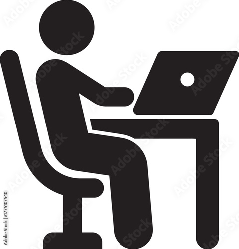 Working at office Desk on computer. Black and White vector Icon.