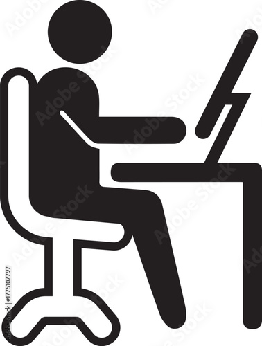 Working at office Desk on computer. Black and White vector Icon.