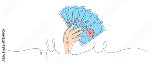 Continuous line art of a hand holding a large amount of dollar bills. The concept of income and investment. Vector illustration with bright, attractive colors.