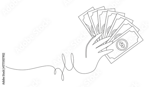 Continuous line art of a hand holding a large amount of dollar bills. Concept of income and investment. Vector illustration.