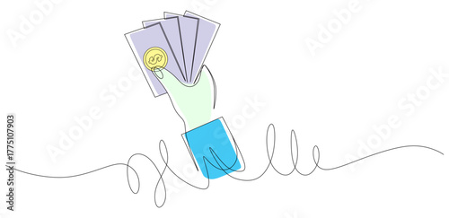 Continuous line art of a hand holding a large amount of dollar bills. The concept of income and investment. Vector illustration with bright, attractive colors.