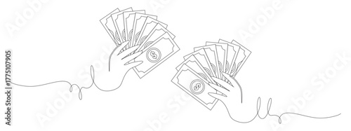 Continuous line art of a hand holding a large amount of dollar bills. Concept of income and investment. Vector illustration.