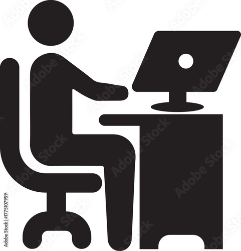 Working at office Desk on computer. Black and White vector Icon.