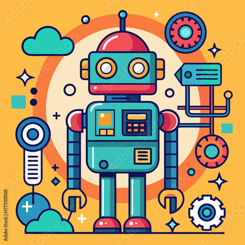 Retro Futuristic Friendly Robot, vector illustration. Generative AI.