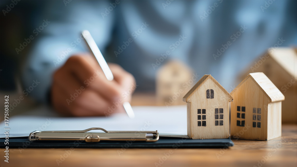 Fototapeta premium Person signing a contract with miniature wooden houses on a table