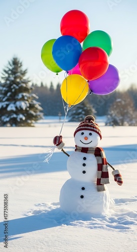 Festive Snowman with Balloons in Winter Wonderland.
