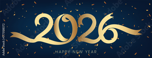 Happy New Year 2026 Celebration Party horizontal banner and Social Media cover, header for website banner Template with modern ribbon style typography and confetti background for Invitation
