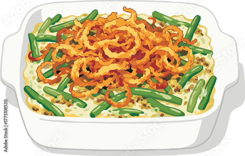 Delicious casserole dish brimming with fresh green beans and topped with crispy golden fried onion rings, perfect for holiday feasts and family gatherings