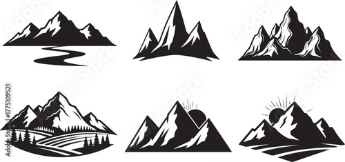 Collection of mountain peak silhouettes isolated on white background