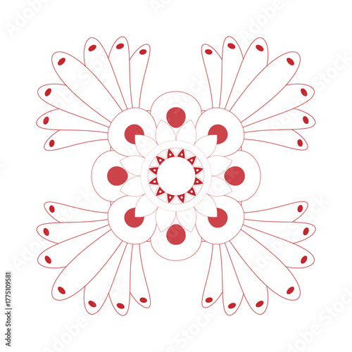 Elegant red floral pattern design with symmetrical petal arrangement and geometric center creating a sophisticated decorative element suitable for backgrounds and designs