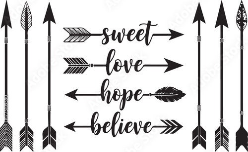 Set of arrow with motivational words isolated on white background in black