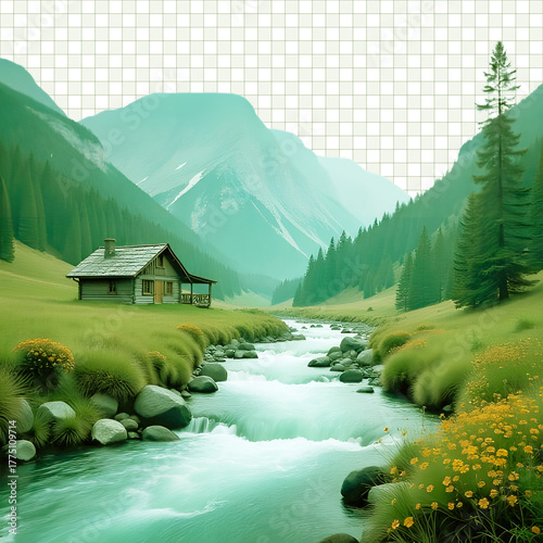 Summer landscape of a river flowing through a green mountain valley with forest and sky reflection in the water