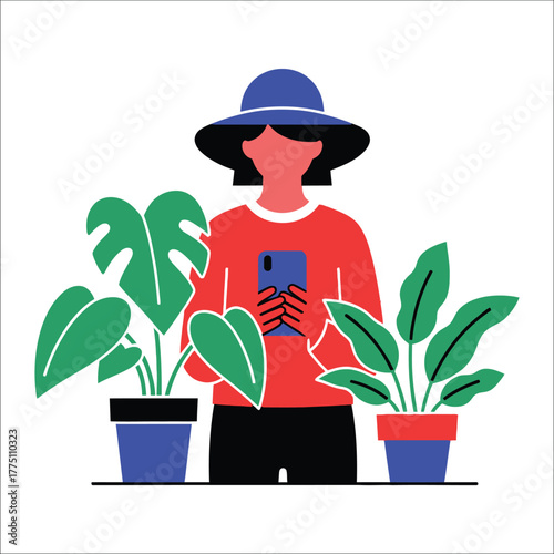 Woman Taking Picture Of Plants With Phone Morning Self Care Illustration
