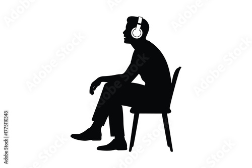 Man Listening to Music with Headphones Vector Silhouette: Person Sitting on Chair Enjoying Audio
