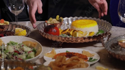 Wallpaper Mural Elegant dining presentation, Formal dish with assorted delicacies, Sophisticated table arrangement featuring ornate tray with various gourmet dishes and elegant glassware Torontodigital.ca