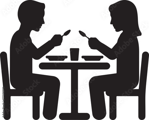 Silhouette vector icon depicting two people eating a meal at a table dining together in a restaurant