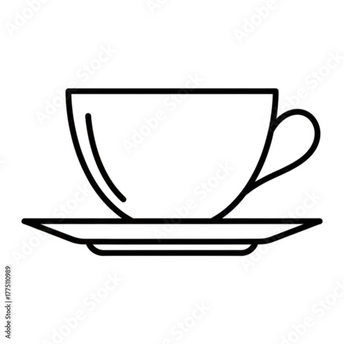 Teacup and Saucer Line Art Vector Icon. Classic Coffee Cup Outline Drawing. Minimalist Hot Beverage Symbol for Cafe Logo, Afternoon Tea, and Break Time Design