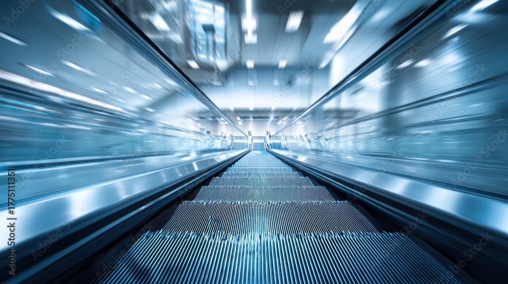 Naklejka premium A futuristic, blurred perspective of a moving escalator in a modern environment, emphasizing speed and motion.