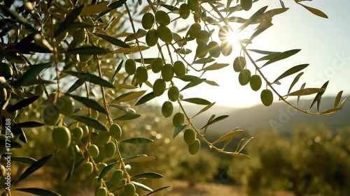 Close Up of Olive Branches with Green Olives at Golden Hour in Olive Grove Revealing Sun Star and Trees in the Background for Agriculture and Mediterranean Diet Concepts