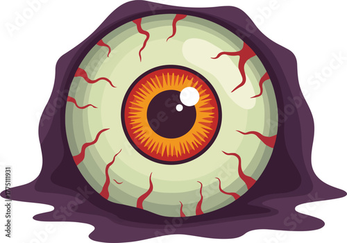 Vector graphic of a creepy bloodshot eyeball with red veins and an orange iris emerging from darkness for Halloween.