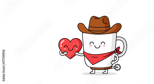 Whimsical Valentine's Day: Cartoon Cowboy Coffee Cup Holding a Heart with Care