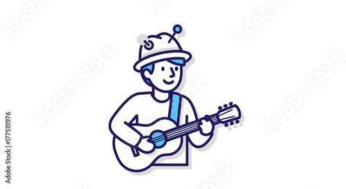 Animated illustration of a whimsical musician with alien hat strumming a guitar joyfully