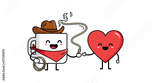 Whimsical western coffee cup catching love, a sweet heart cartoon character, sharing affectionate