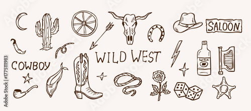 Hand drawn collection of cowboy elements. Wild west illustration 