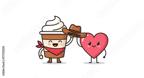 Charming cartoon illustration featuring a coffee character and heart friend showing affection