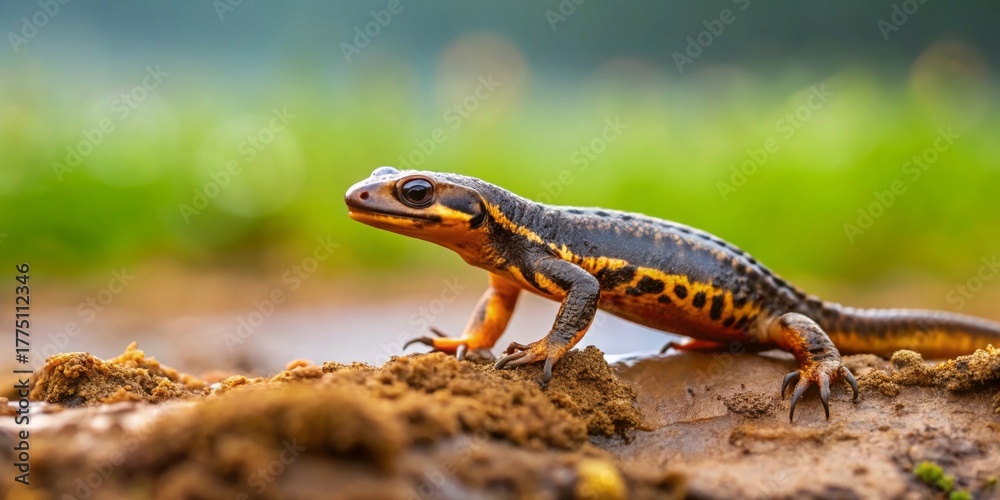 Fototapeta premium Close-up view of a vibrant amphibian, showcasing its intricate markings and textured skin, perched on damp earth against a soft-focus backdrop of verdant foliage
