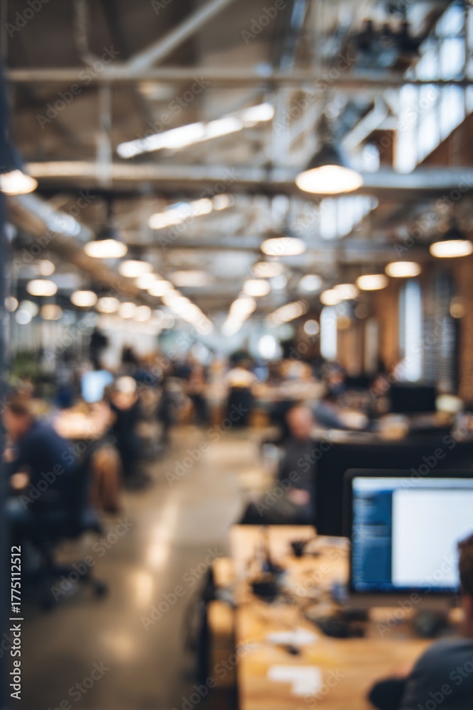 Obraz premium A blurred image of a busy office space with multiple workstations and people engaged in various tasks.