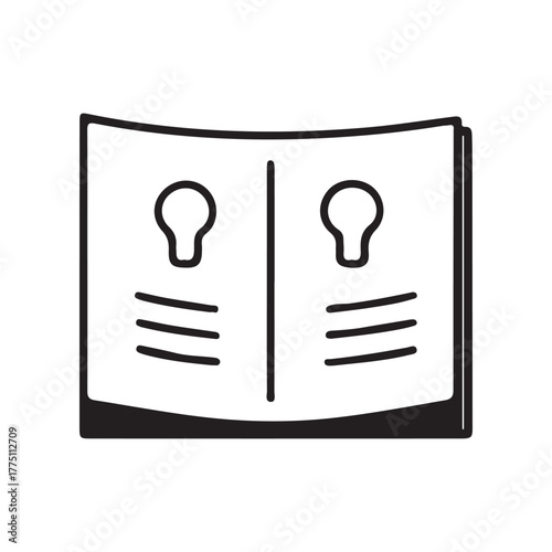 Open book with two lightbulb ideas and textual information icon