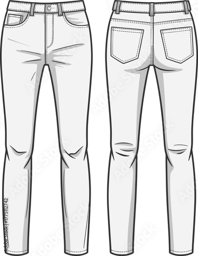 Technical fashion illustration of slim fit jeans, front and back view, denim garment drawing, apparel design template, vector clothing sketch