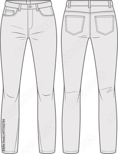 Technical flat sketch of slim fit jeans, front and back view, denim garment drawing, apparel design template, vector fashion illustration