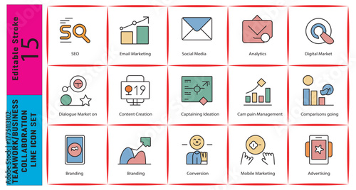 Colorful marketing icon set displaying various digital strategies and concepts