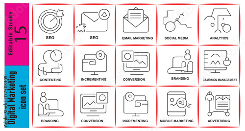 Digital marketing icon set showcasing various strategies and analytics tools